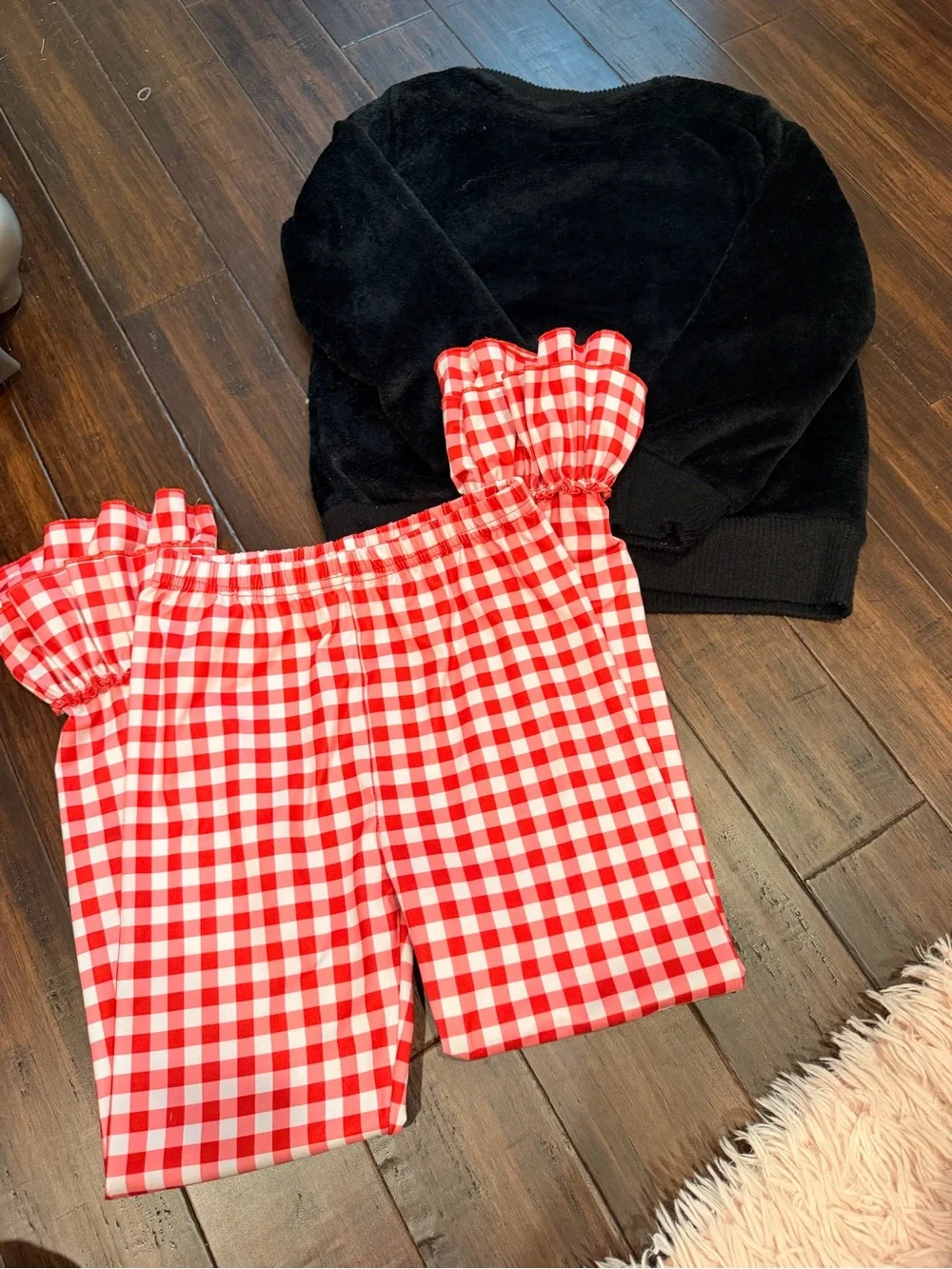 Kids Black Santa Top and Red Gingham Ruffle Christmas Set